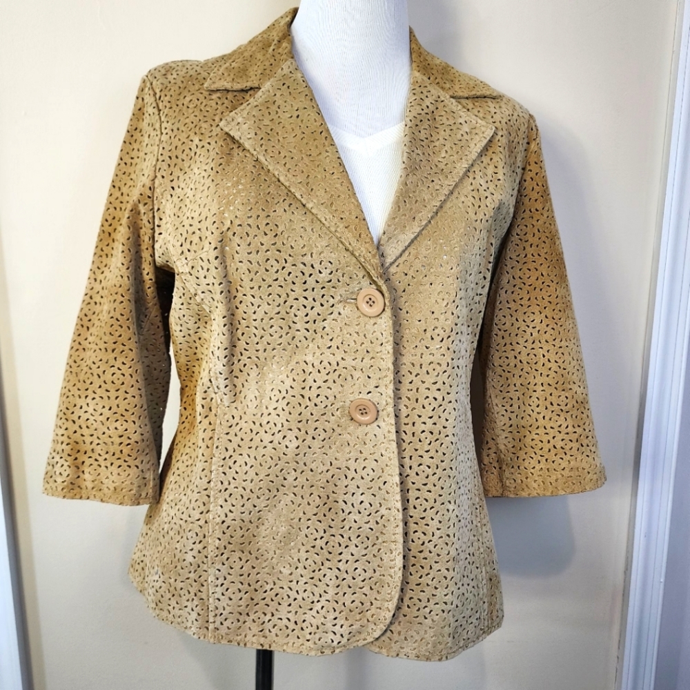 Tan Terry Lewis Large Classic Luxury Leather 3/4  length sleeve jacket sz Large